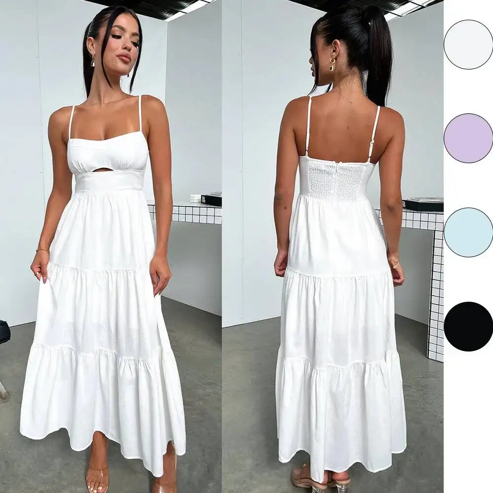 

Ladies Sweet Style Long Dresses Elegant Hollow Suspenders Solid Color Tunic Dress Sexy Low Cut Women's Big Swing Maxi Dress