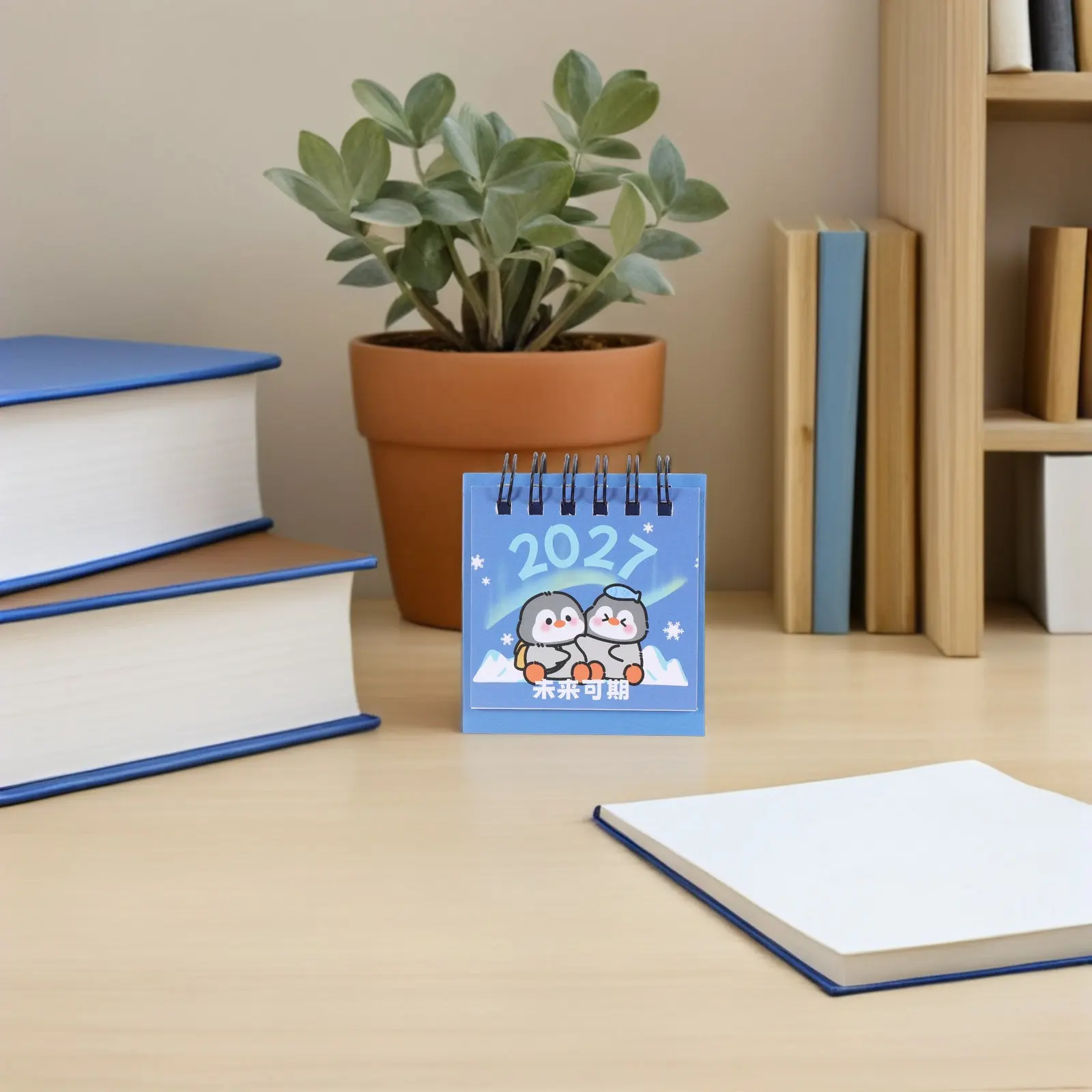Penguin Mini Desk Calendar 2027 Flip Desktop Planner Metal Ring Binding Monthly Schedule Organizer Office School