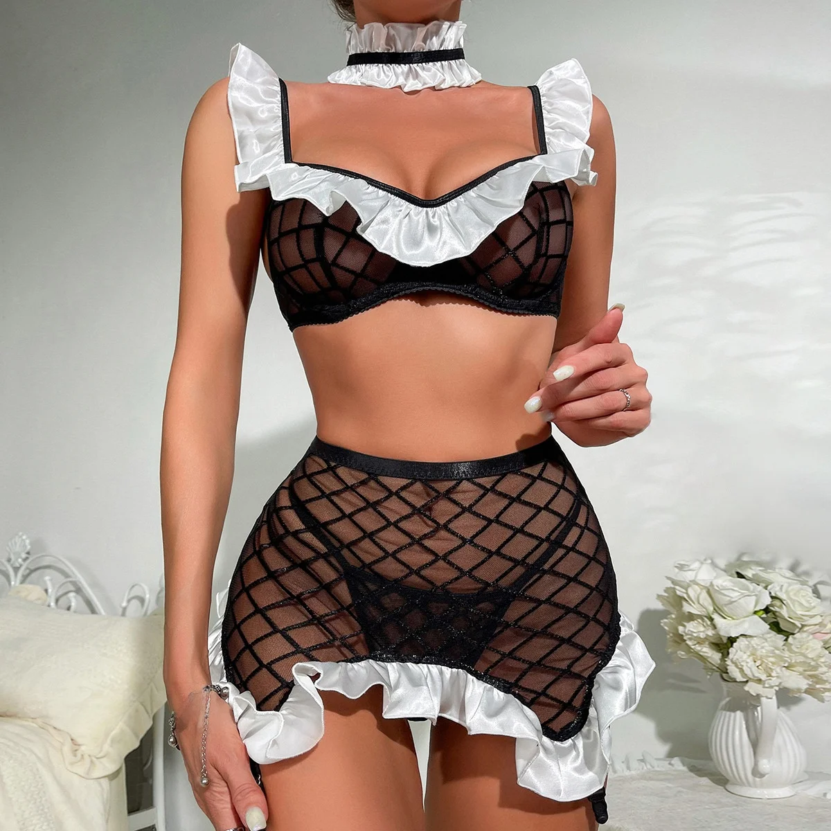 

Home Maid Me Lingerie Set of Tee Transparent Domestic Underwear Polyester Fiber Lace V-ne Svel Fems Clothing