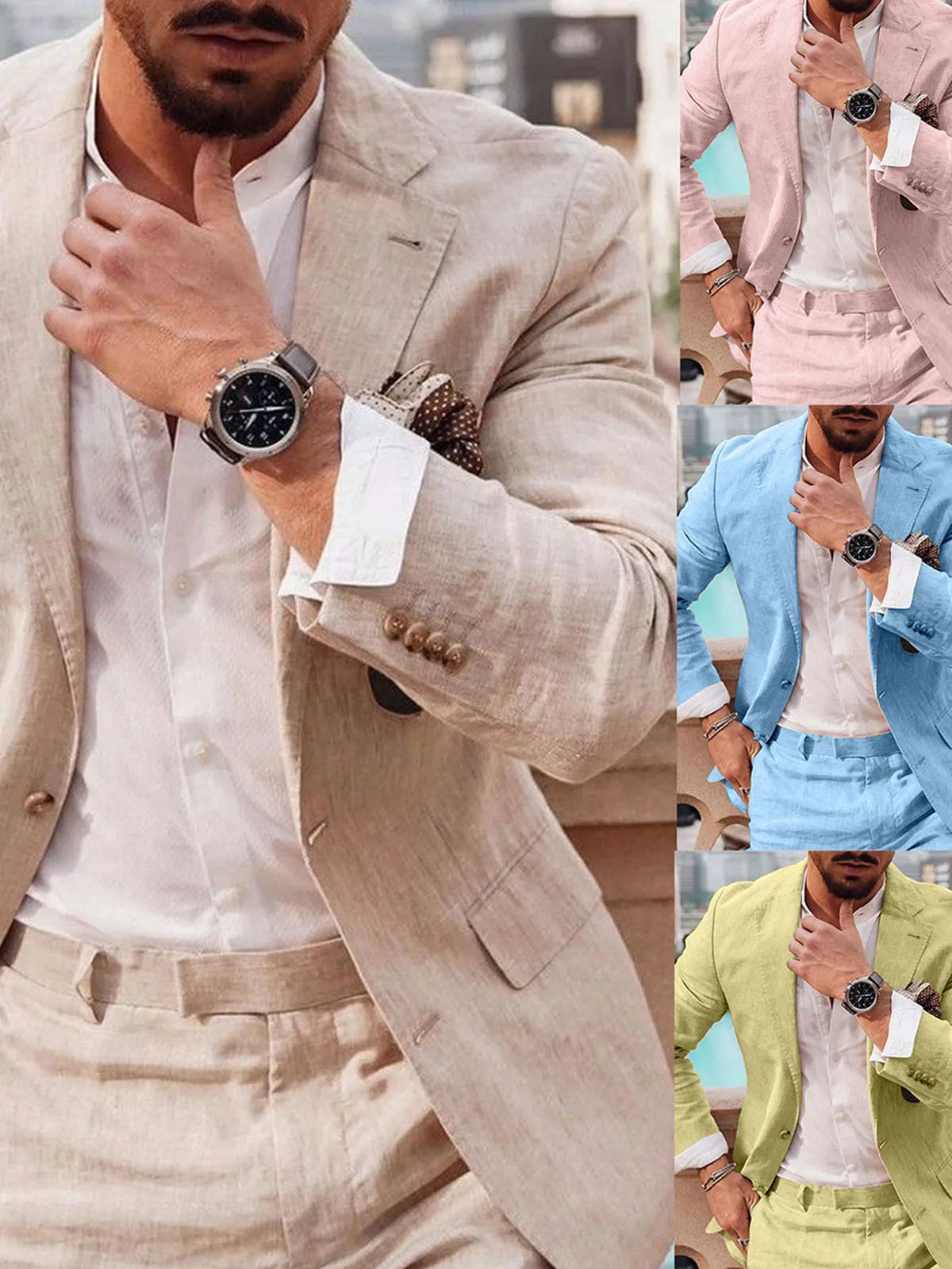 

Casual Linen Summer Blazers for Man with Pants Slim Fit Single Breasted Beach Tuxedo Costume Suits for Men ، Ropa de Hombre