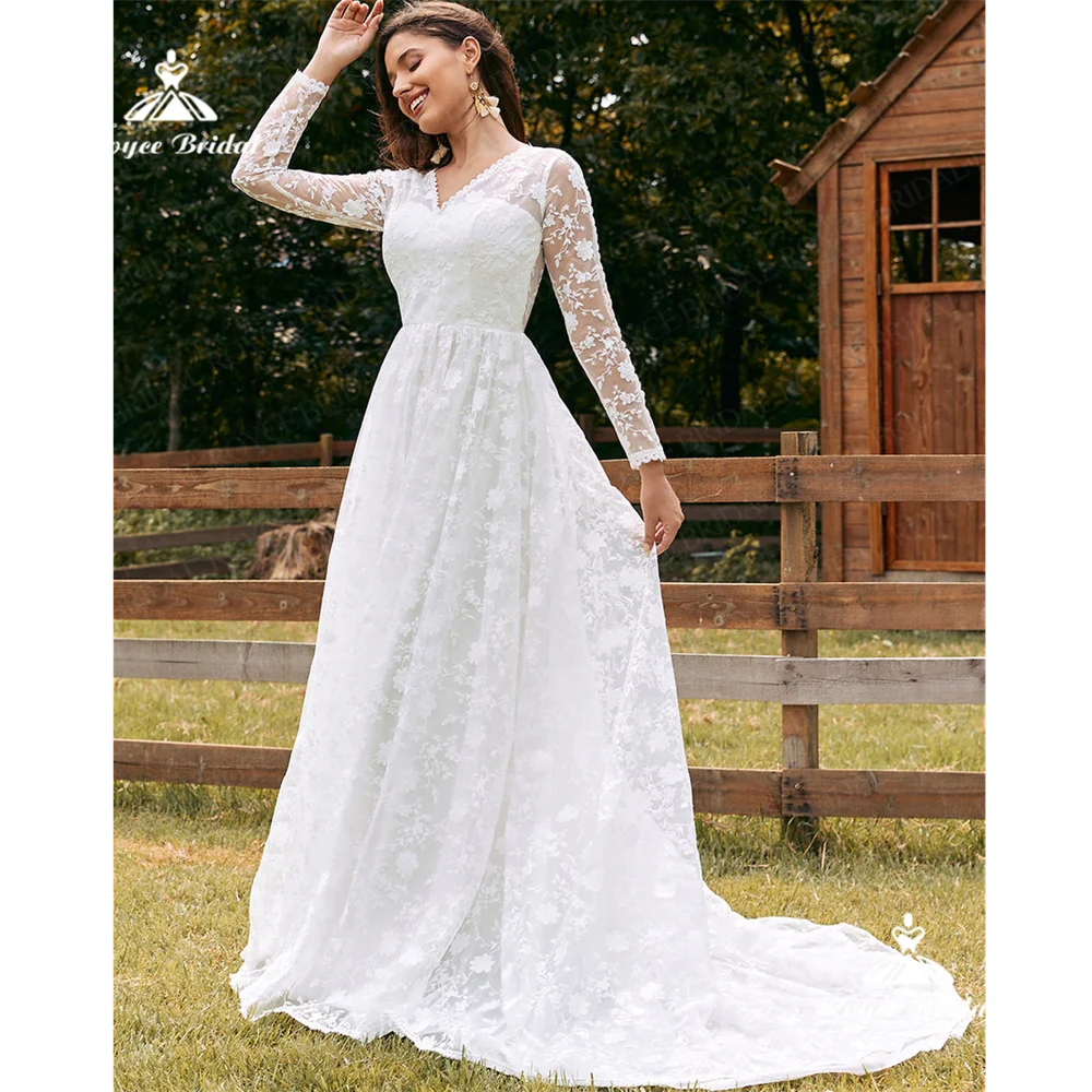 Roycebridal V Neck A Line Wedding Dress 2025 Lace Long Sleeves Court Train Wedding Gownvestido de novia manga larga elegantegeli