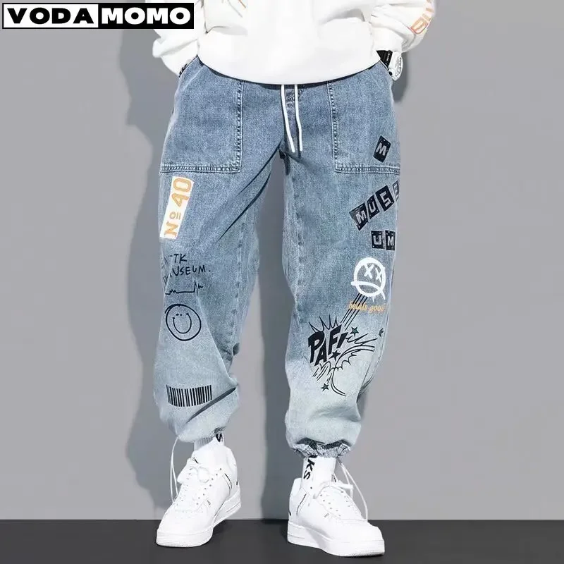 Spring Autumn Letter Print Jeans Loose Cartoon Graffiti Drawstring Trousers Hip Hop Trend Casual Streetwear Jogging Pants