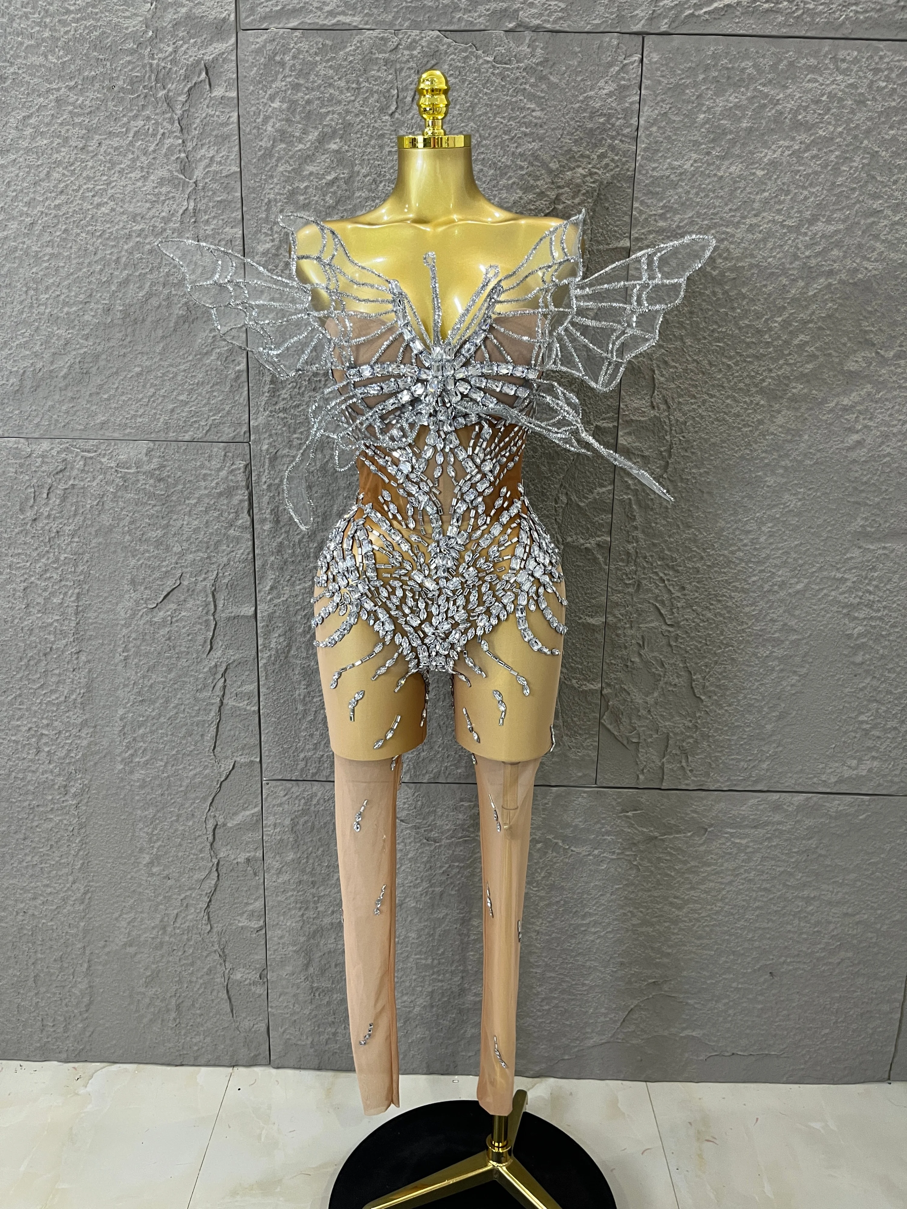 Opulent 3D Butterfly Wings Nude Allover Rhinestone Mesh Bodysuit  Women Stage Performance Nightclub Party Outfit