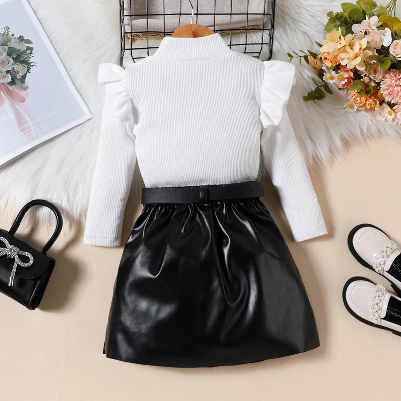 Kids Clothes Girl Autumn Fall Outfits Ruffles T-Shirts and PU Leather Pleated A-Line Skirts Sets Children\'s Clothing