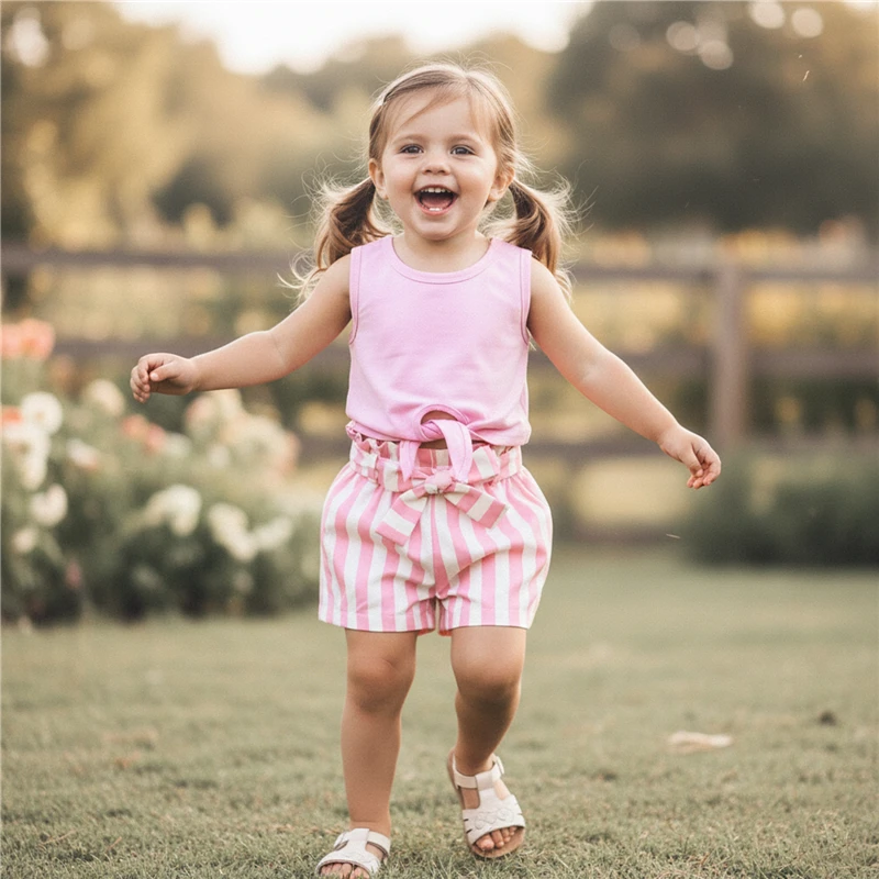 

Комплект одежды для маленьких девочек 0–3 лет, повседневные однотонные топы без рукавов с круглым вырезом и полосатые шорты с поясом, летняя одежда для маленьких девочек