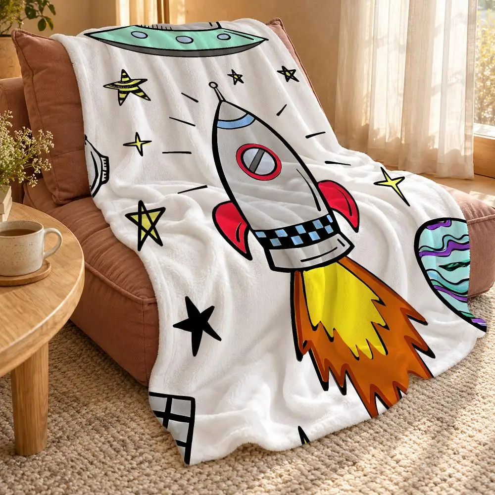 Outer Space Spaceship Astronaut Rocket Throw Double Sided Flannel Throw Blanket Soft Travel Camping Sofa Bed Home