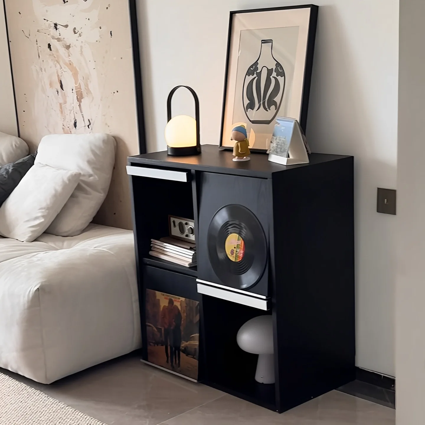 Solid wood black flip-door lattice cabinet living room sofa sideboard record cabinet bookcase low cabinet