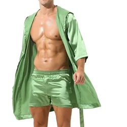 Mens Satin Hooded Night-robe Open Front Pajamas Sleepwear Half Sleeve Belted Bathrobe Kimono Robe Adult Loungewear Nightwear