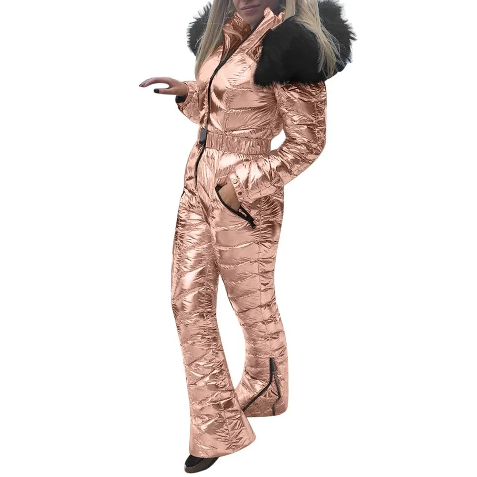 Women Solid Casual Thick Hot Snowboard Skisuit Outdoor Sports Zipper Cotton Padded Hooded Jumpsuit Ski Light Weight Coat Women