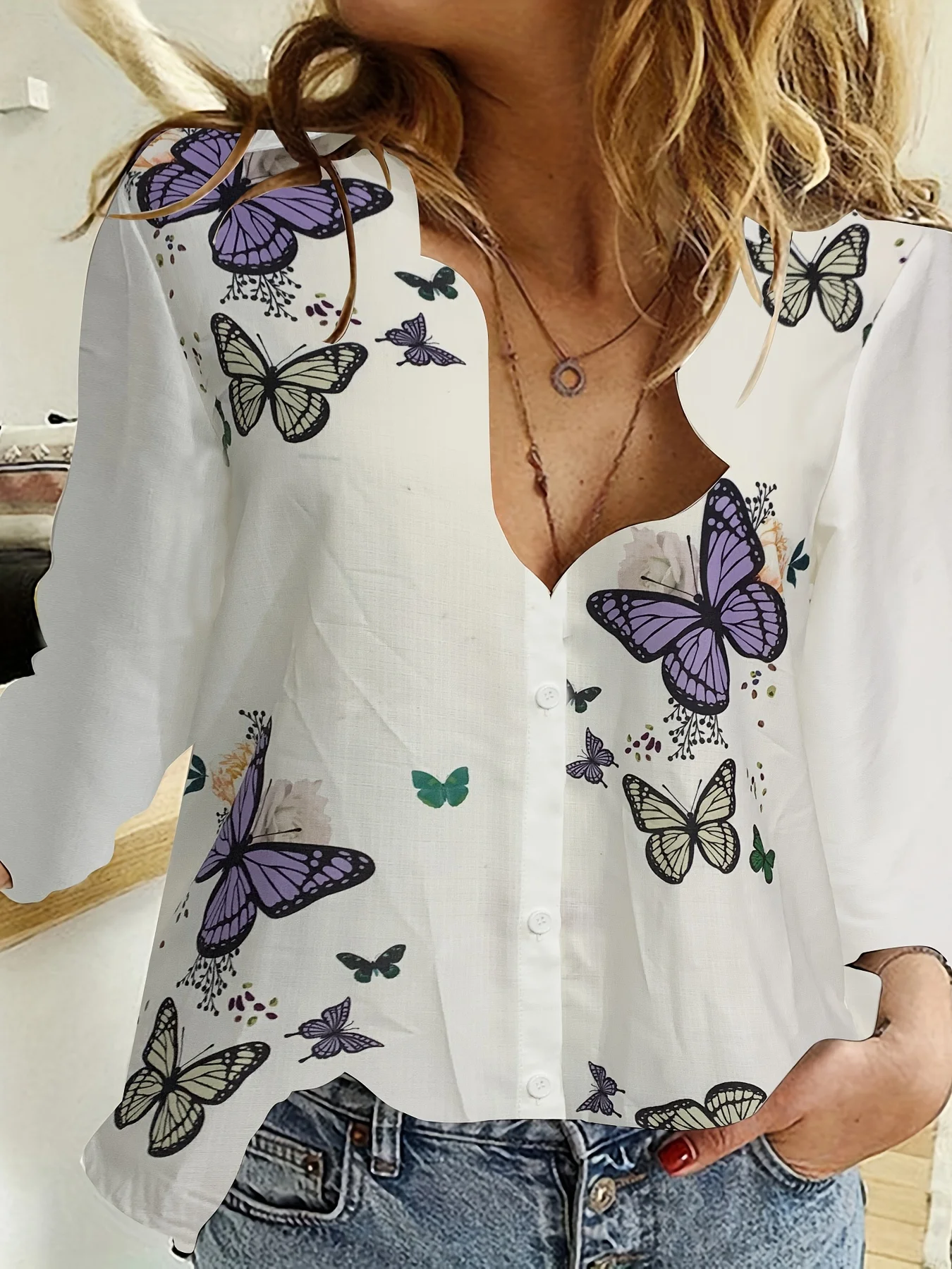 Butterfly Print Shirt, Casual Button Front Long Sleeve Collar Shirt, Womenswear