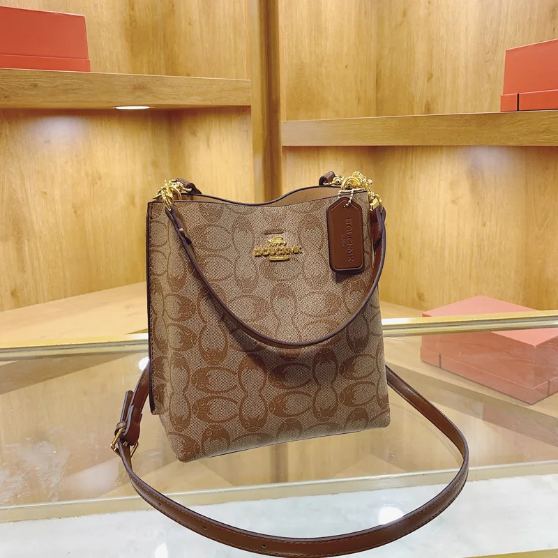 Classic Vintage Monogram Bucket Bag, Trendy Versatile Crossbody Shoulder Bag with Logo Charm & Gold Hardware