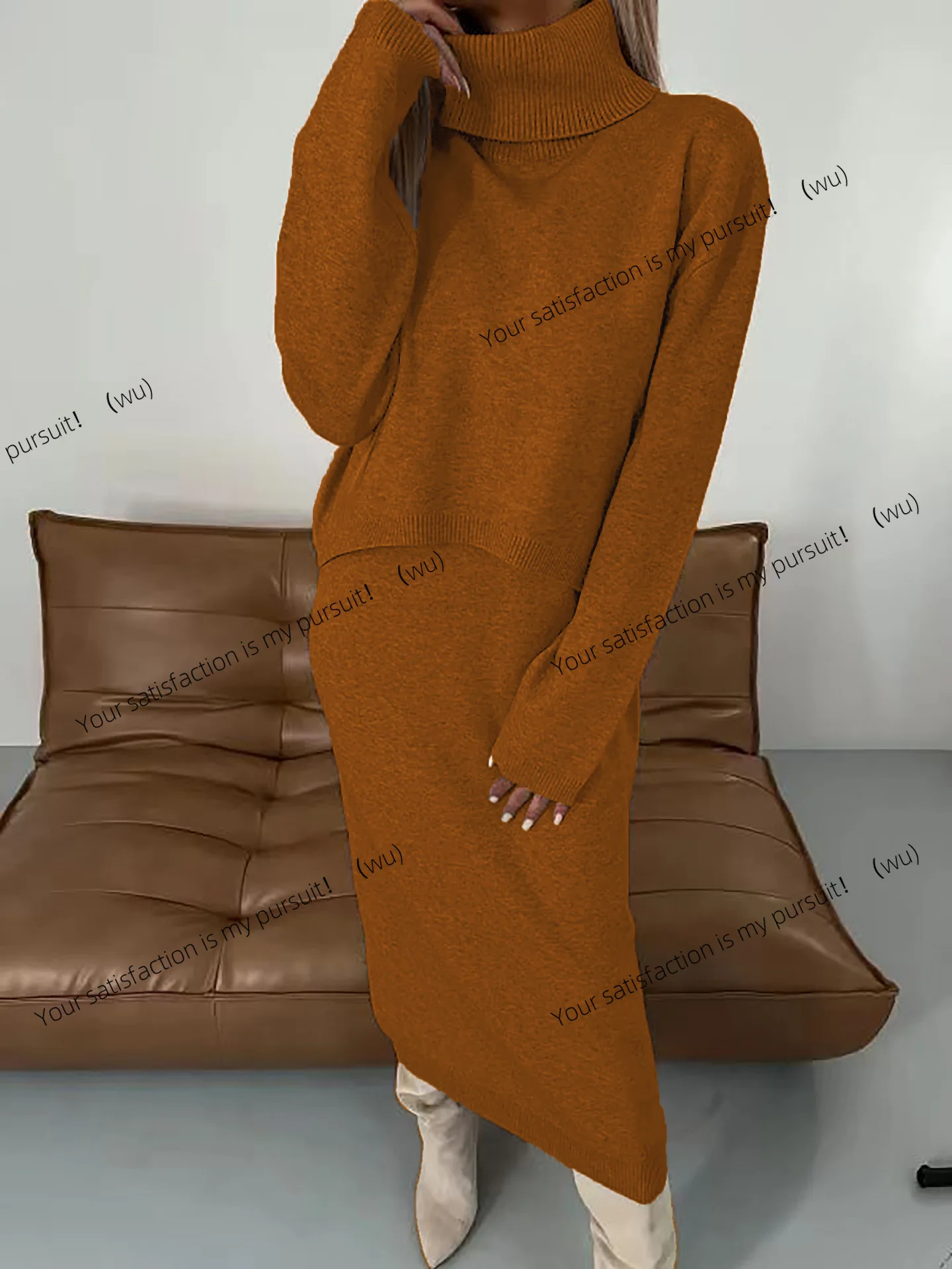 

Однотонная водолазка, вязаная юбка на бедрах, комплект из двух предметов, новинка осени и зимы