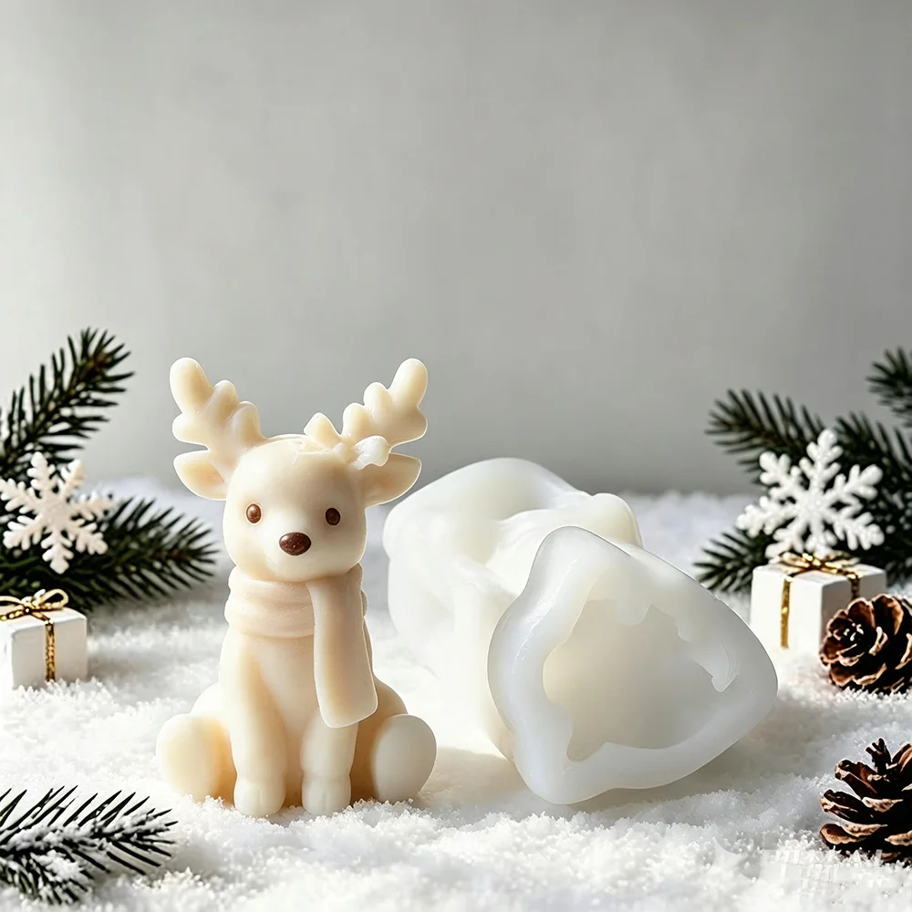 Sitting Reindeer Silicone Candle Mold - 3D Christmas Elk DIY Scented Candle Plaster Gypsum Mold, Home Decor Gift