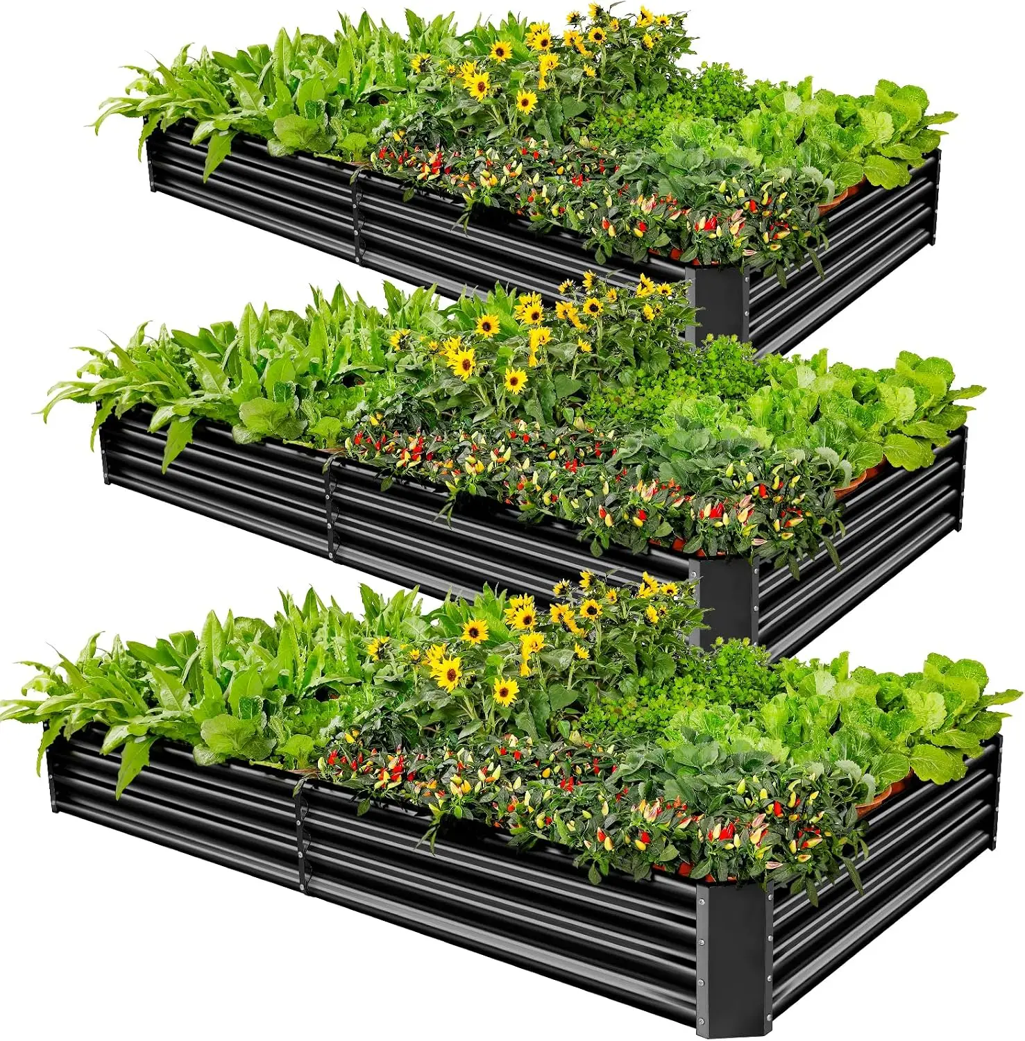 Gray 3‑Pack 8'×4'×1' Galvanized Metal Raised Garden Bed Planter Box Kit, Outdoor Heavy‑Duty Gardening Container for Deep‑Rooted Vegetables, Flowers, Herbs & Green Plant Growing