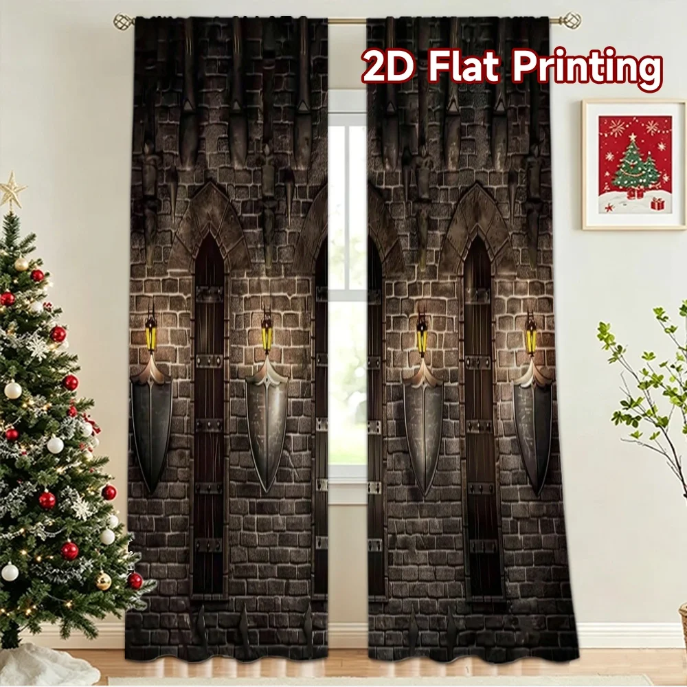 2D flat 2pcs Curtain Retro Country Style Medieval Castle Shields Digitally printed polyester, colorfast Family Party Decoration