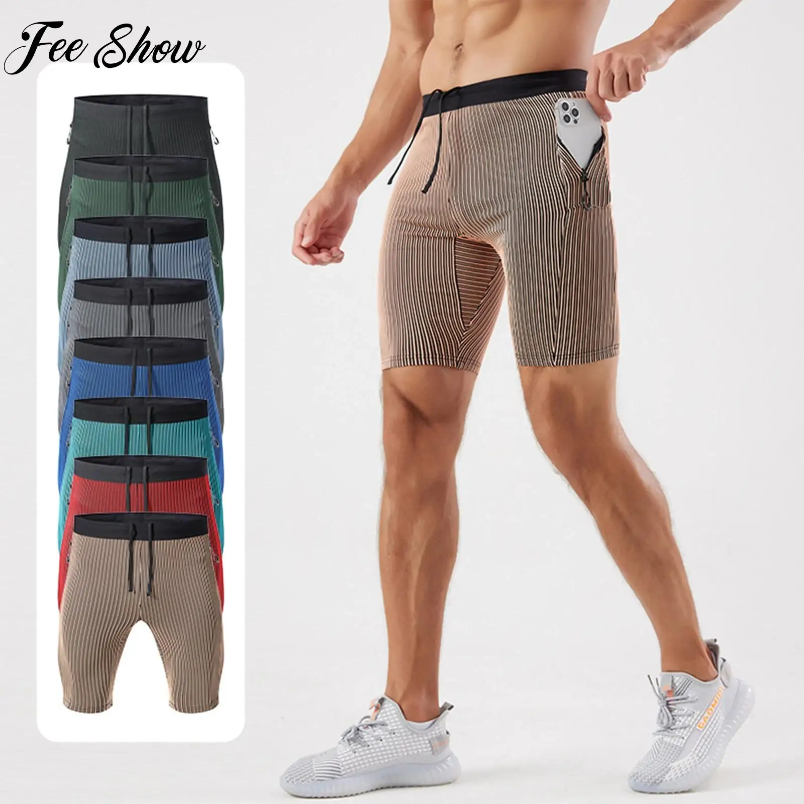 

Men Gym Fitness Cycling Costume Male Stripe Moisture-Wicking Workout Shorts Zipper Pockets Athletic Shorts with Built-in Briefs