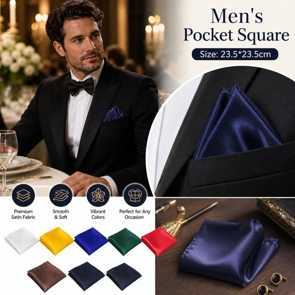 Solid Color Men's Pocket Square Square Shape Satin Breast Pocket Handkerchief Foldable Waterproof Business Suit Scarf