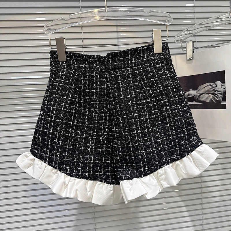 2025 autumn new French style pleated ruffle hem pants woven tweed high waisted elegant demeanor color blocking shorts