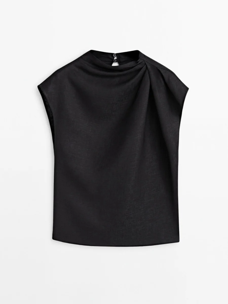 Ele Damska bluzka na lato 2024, nowość, z drapowaniem na ramionach, zwiewna, do pracy, z okrągłym dekoltem, regularny krój.