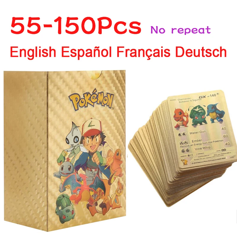 55-150pcs No Repeat Pokemon Card English Spanish French German Gold VAMX GX Pikachu Charizard Rare Collection Battle Cards Gift