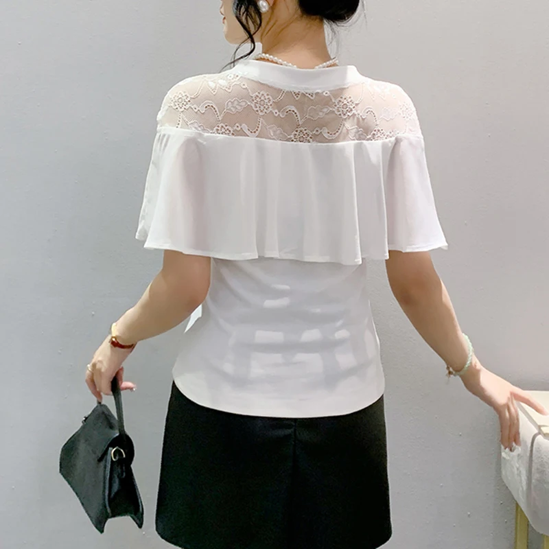 2024 New Summer European Clothes T-Shirt Fashion Sexy V-Neck Chiffon Patchwork Lace Women Tops Ruffles Short Sleeve Tees 47005