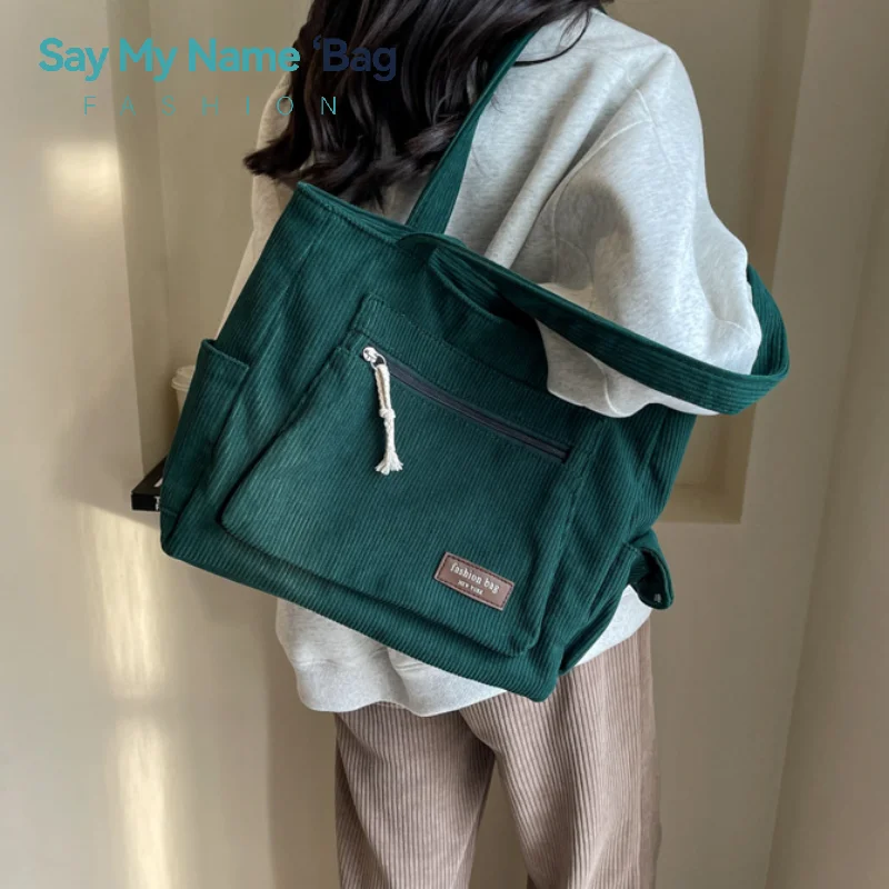 

Solid Color Corduroy Messenger Bags Casual Large Capacity Women Tote Bag Versatile Lady Shoulder Bag With Zipper Female Handbag