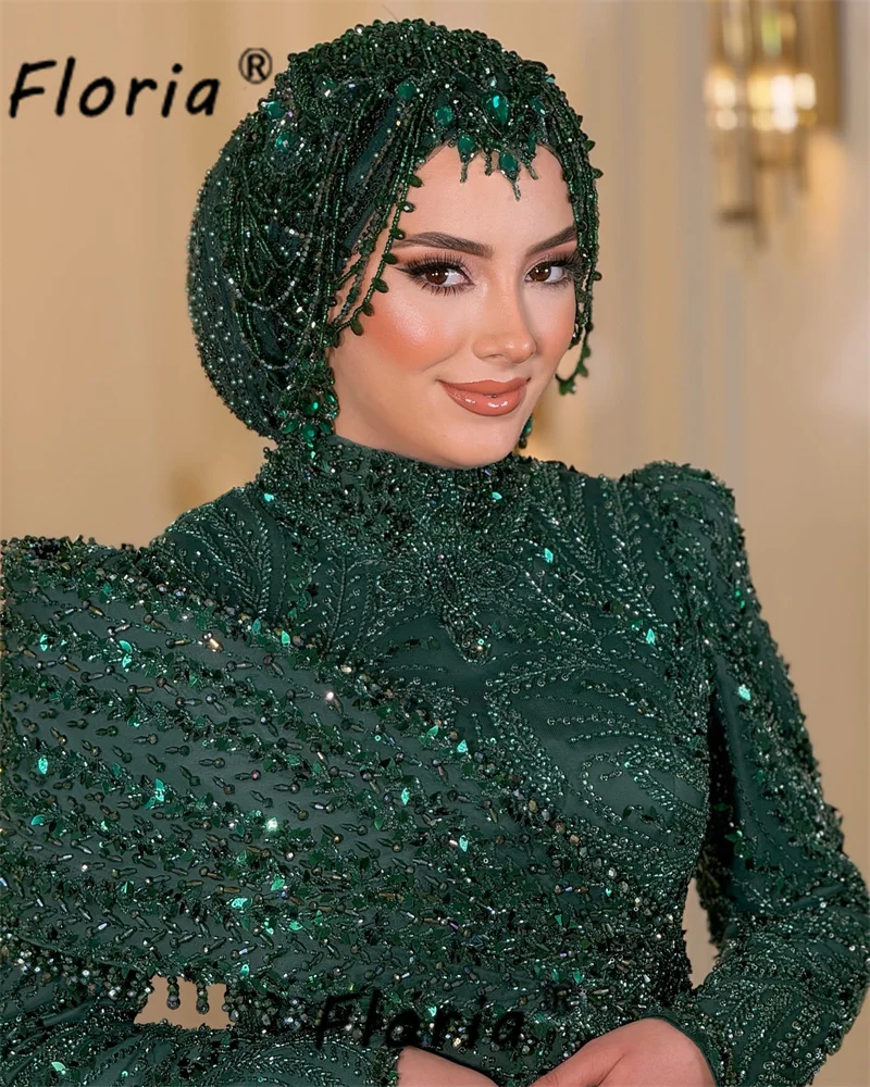 

Женское темно-зеленое вечернее платье-русалка для свадьбы с отстегивающимся шлейфом, расшитое бисером, мусульманское праздничное платье, платье для церемоний и торжеств