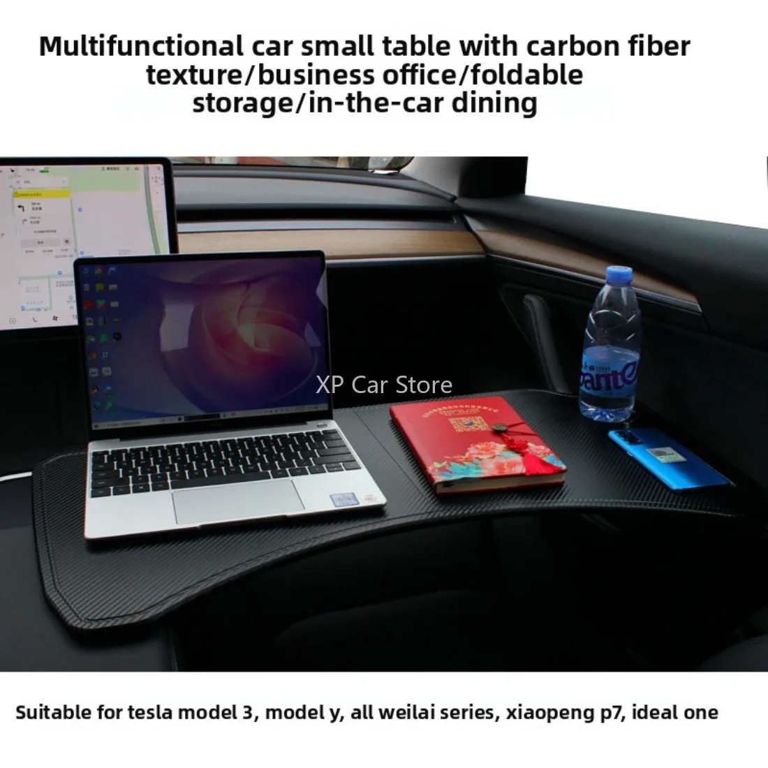 

Foldable Car Table with Cup Holder - Fit Tesla Y/3, NIO, Xpeng P7, Li Auto ONE - Laptop Desk, Dining Tray, Office Accessories