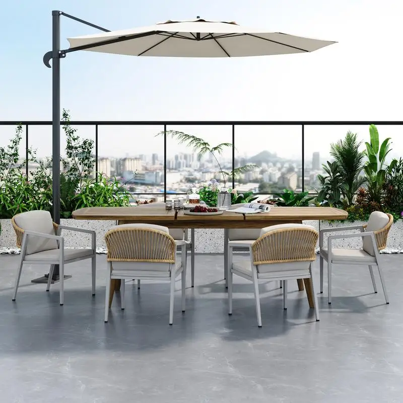 

Expandable Acacia Wood Outdoor Dining Set with 6 Gray Chairs