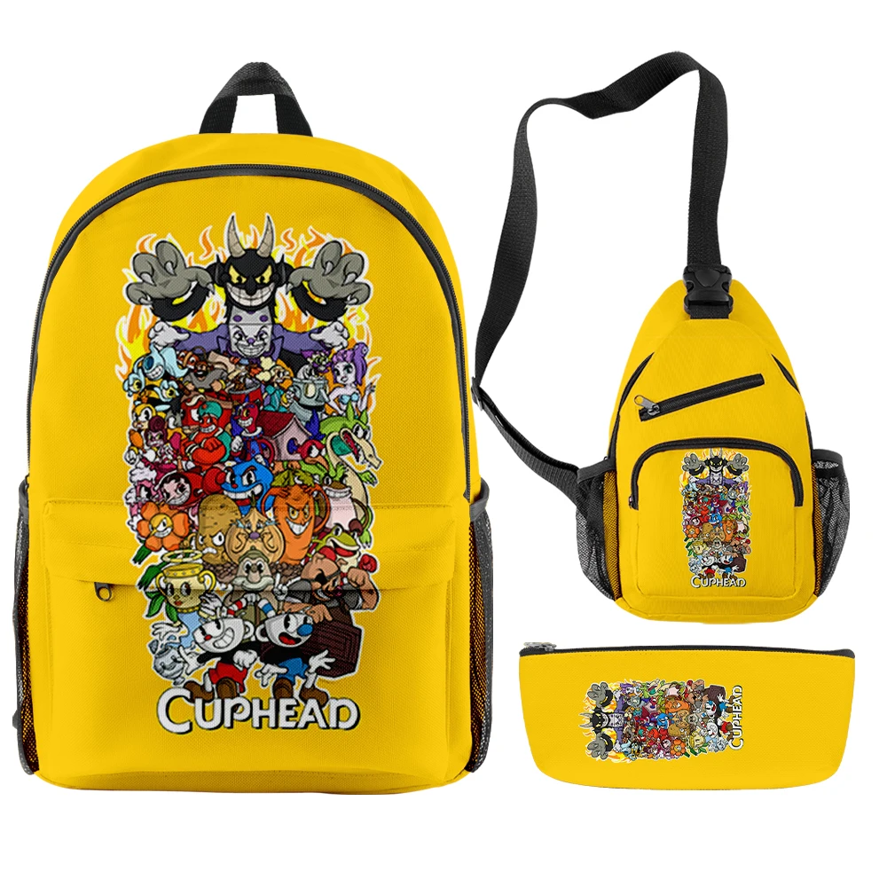 

Classic Cartoon Novelty Anime Cuphead 3D Print 3pcs/Set pupil School Bags Travel Laptop Backpack Chest Bag Pencil Case