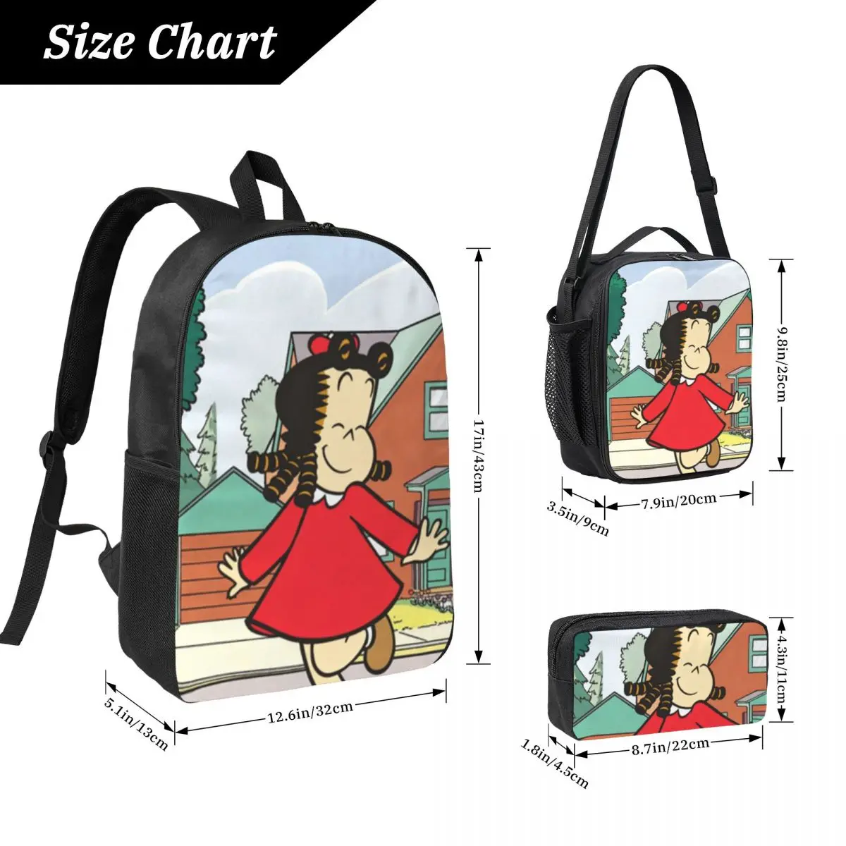 3Pcs Littles Lulus Backpack Set for Kids Pencil Boxes Bookbag Sets with Lunch Box For School Students Knapsack