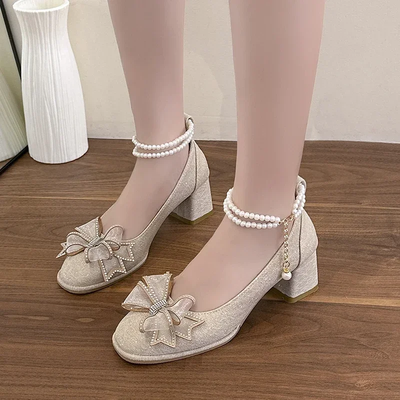 Summer Women Mary Jane Shoes 2024 New Fashion Bow Luxury strass Decoration Fairy Style scarpe da festa con tacco basso Zapatos De Mujer