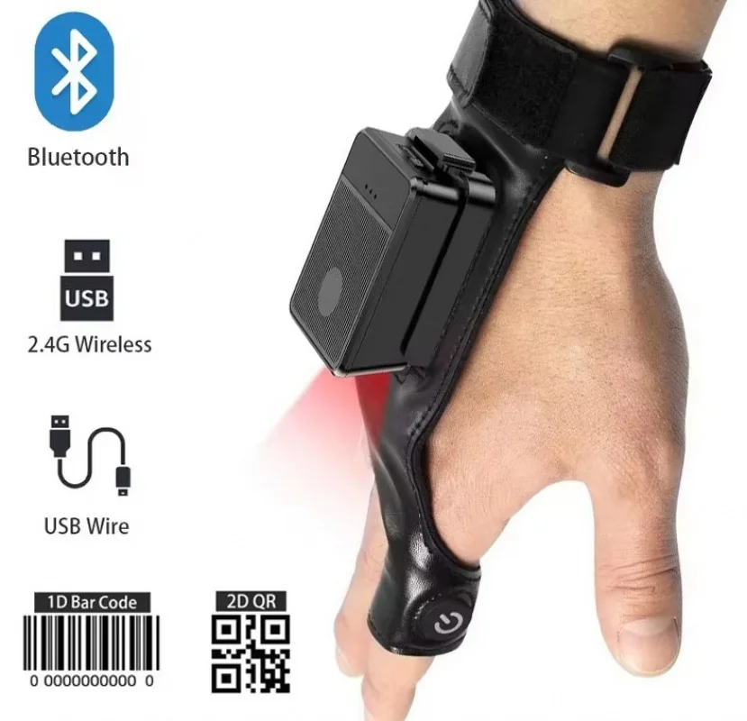 

QR-считыватель штрих-кодов на палец, беспроводное устройство, 2D Bluetooth-сканер штрих-кода, портативный сканер для левой и правой руки