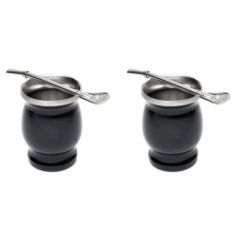 2X Yerba Mate Gourd Set Double-Wall Stainless Steel Mate Tea Cup And Bombilla 8 Ounces Bombillas Yerba Mate Straw Black