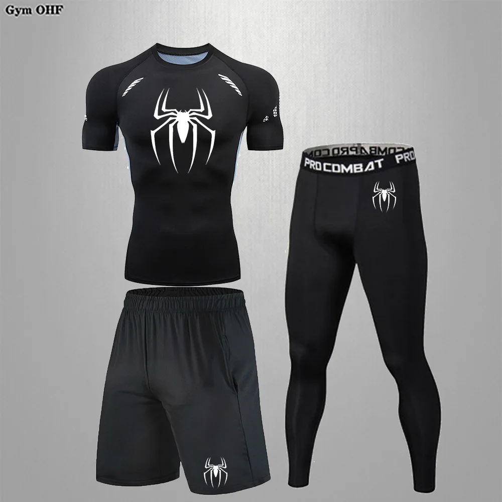 Spider Print Compression Set for Men 3 Pieces Athletic Active Workout Fitness Suit Undershirts Leggings Pants Shorts