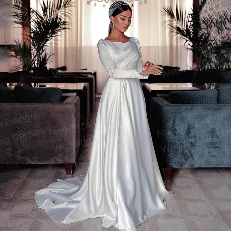 

Luxury O Neck Wedding Dresses 2024 For Woman Button Long Sleeve A Line Bride Gowns Muslim Satin Formal Elegant Vestidos De Noche