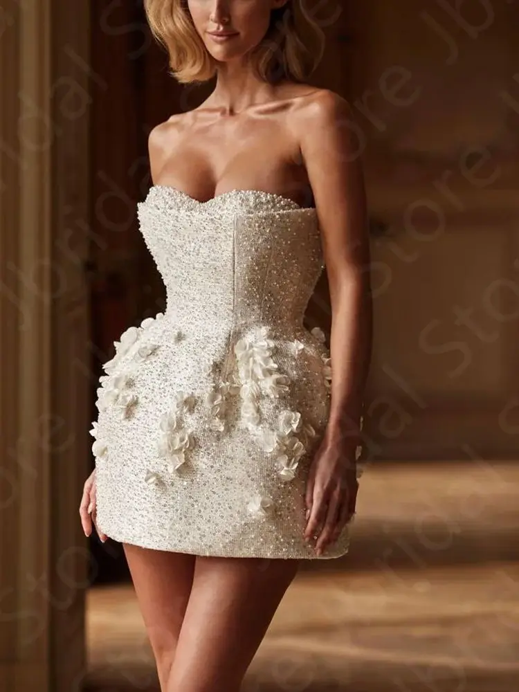 Customized New Luxury Ball Gown Wedding Dress Short Bridal Gowns with Gloves Bride Dress Pearls Flowers Wedding Gown Sweetheart