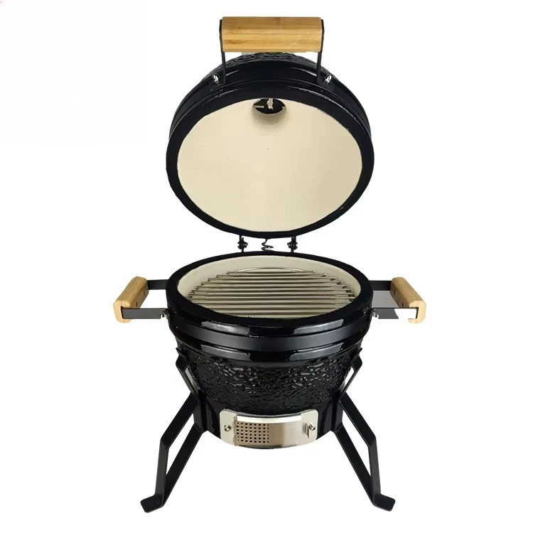 10.6'' Ceramic Kamado Grill with Black Stone Pattern Bamboo Handles Charcoal Ignition Safety Features