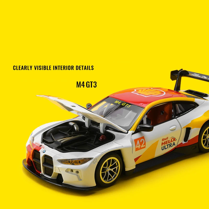 1:24 bmw m4 gt3 escudo audi r8 lms escudo liga modelo de carro som e luz puxar para trás brinquedo das crianças colecionáveis presente aniversário