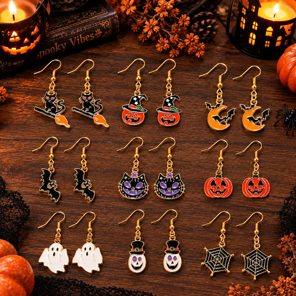 Economic 4/9Pairs Halloween Women Earrings Set Festival Elements Pumpkin Ghost Bat Pendant Ear Jewelry Friendship Gift Trinkets