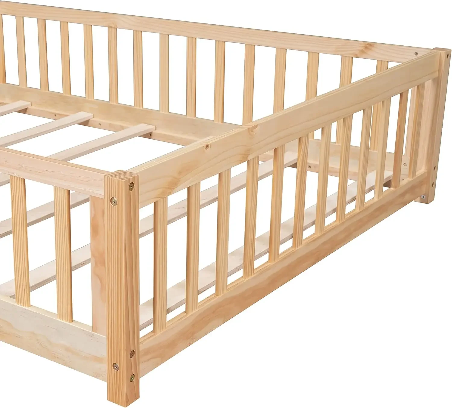 Estrutura de cama de chão de tamanho completo com cerca de segurança e porta, cama de chão montessori de madeira com suporte de ripas, estrutura de cama montessori f