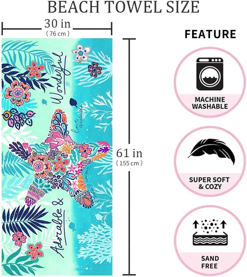Beach Towel Microfiber Beach Towels Sand Free Quick Dry Lightweight Travel Towels Oversized Large Quick Cute Starfish Design