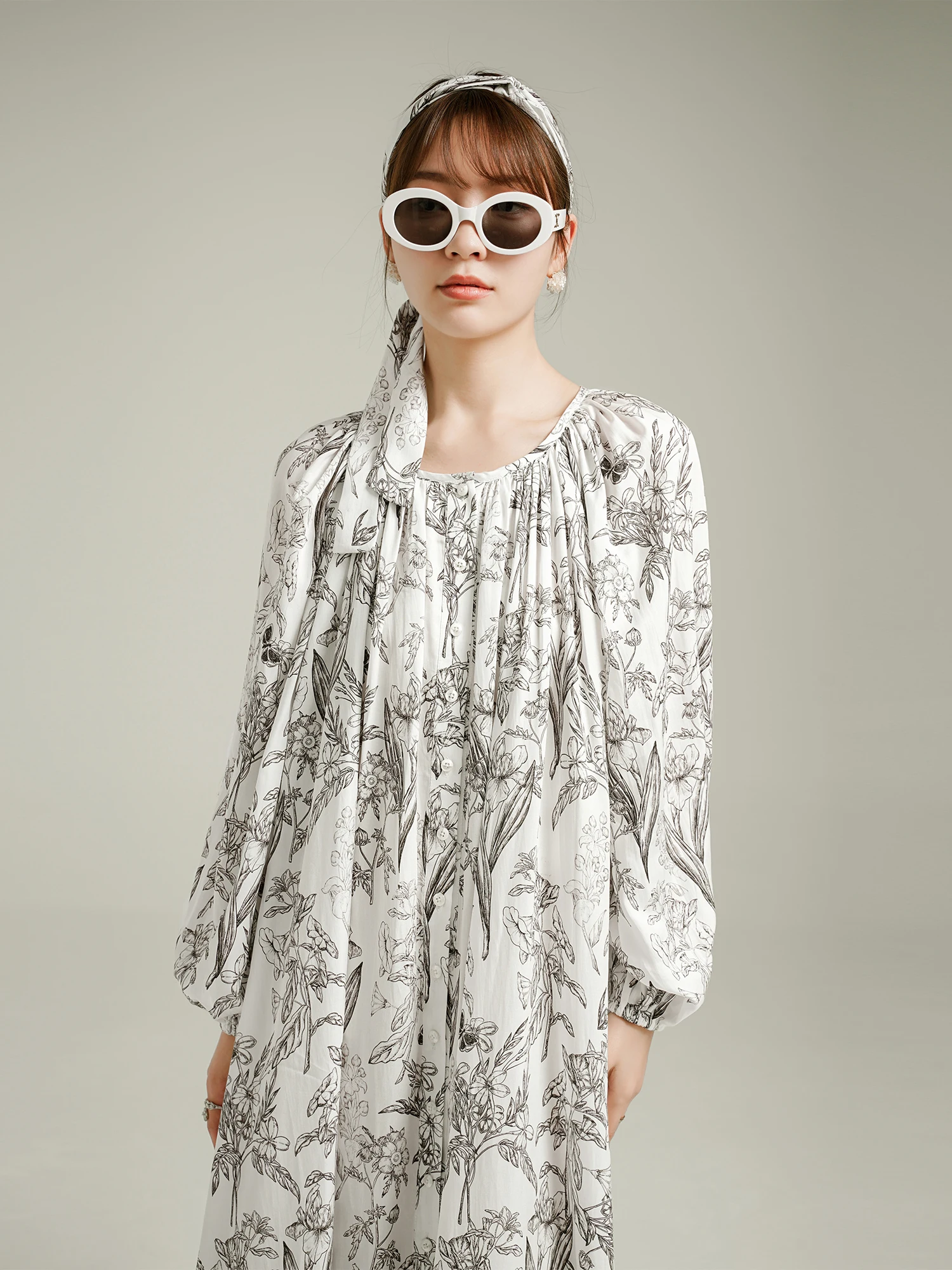 

GONGJIU Vaion Loose Pleated oulder Lantern Sve Silk Line Traced Floral Dr Women's A-Line Skirt Long Sve round Ne