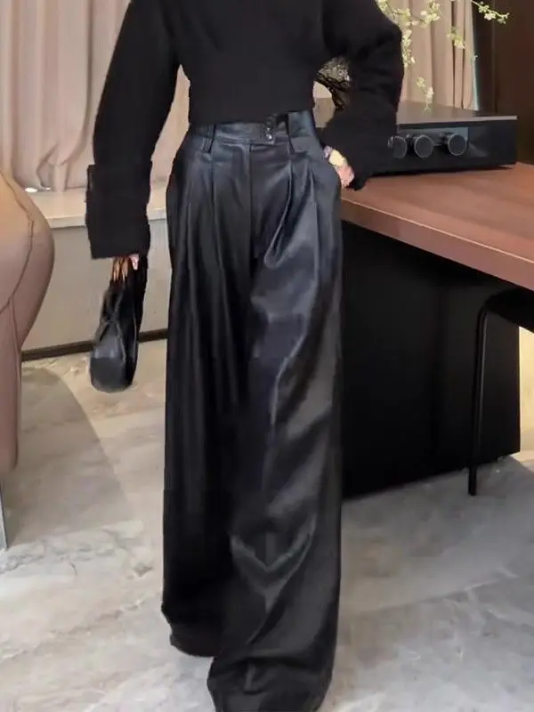 Ele Hong Kong Sle High Waist Straight Leg Bla PU Leather Pants Women's Autumn 2025 Wide Leg Casual Long Trousers