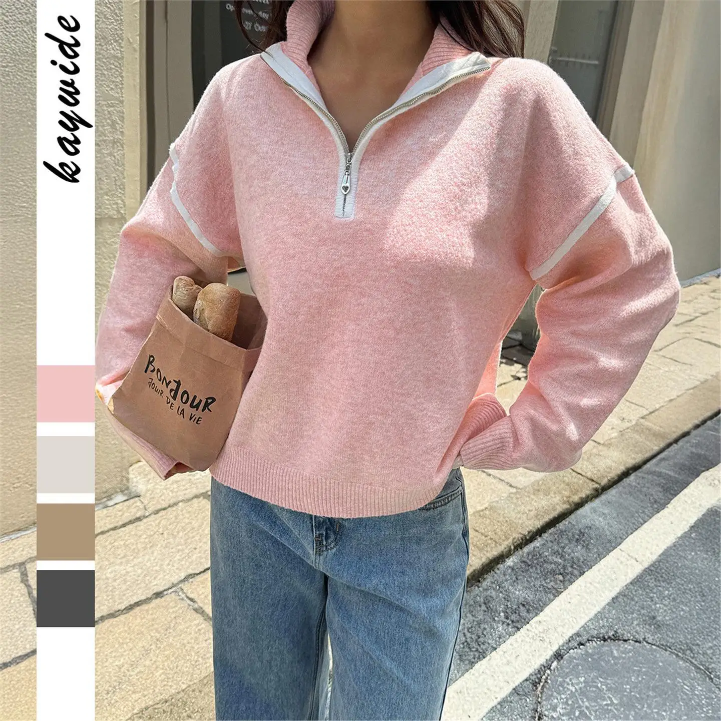 

Diyun Casual Simple Color Long Sve Zipper Sweater Women's Faion Cross-Border Autumn Winter Spring Single Piece