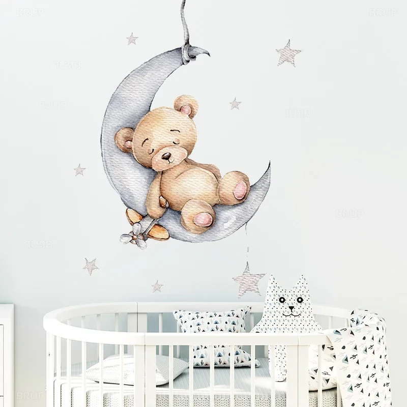 New Cartoon Teddy Bear Sleeping on the Moon and Stars Wall Stickers for Kids Room Baby Room Decoration Wall Decals Room Interior