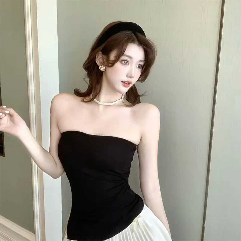 Y2K Strapless Bandeau Top Ladies Side Waist Cut Out Ruched Detail Irregular Hem Casual Tank Top