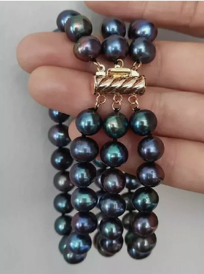 

Jewelry Marking 3 Rows 7.5-8" AAA+ 9-10MM Genuine Tahitian Black Round PEARL BRACELET 14K CLASP