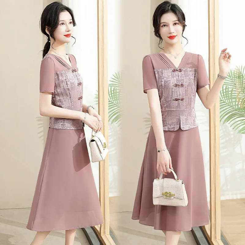 Female Clothing Vintage pink Dresses Stylish chiffon Patchwork Summer Short Sleeve Elegant A-Line V- Neck Midi Dress