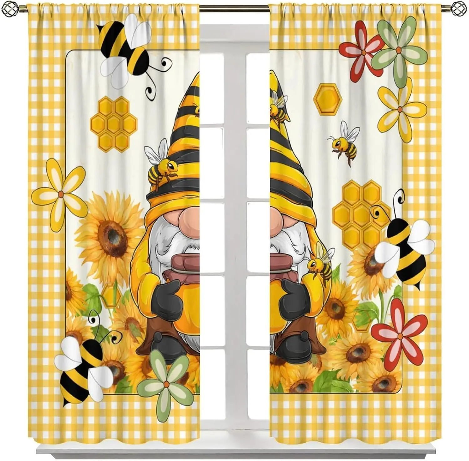Cute Sunflowers Bees Pair Curtain Yellow Summer Window Decor Nursery Kids Room Curtains 2pcs Storage Pair Bright Floral Print
